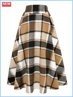 High Waisted Wool Plaid A-Line Ankle Length Maxi Skirt